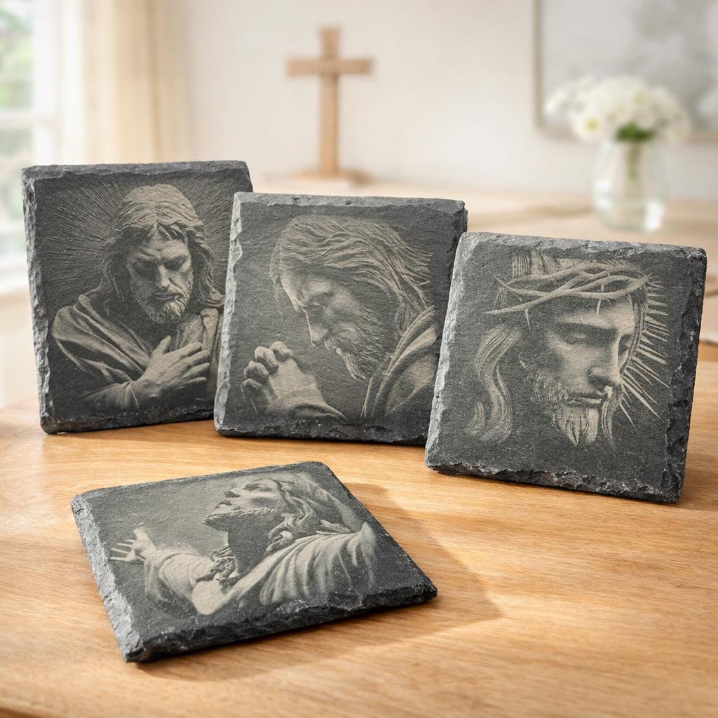 Engraved Jesus Slate Coasters: Christian Home Decor, Set of 4