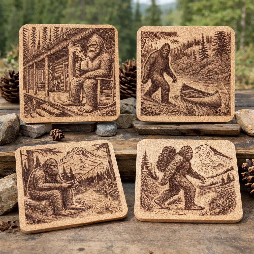 Explore the Enchanting Pacific Northwest with a set of 4 Laser Engraved Bigfoot Cork Coasters