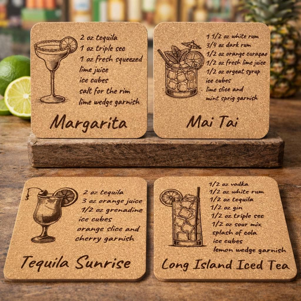 Cocktail Recipe Drink Coasters: Laser Engraved Cork Set of 4