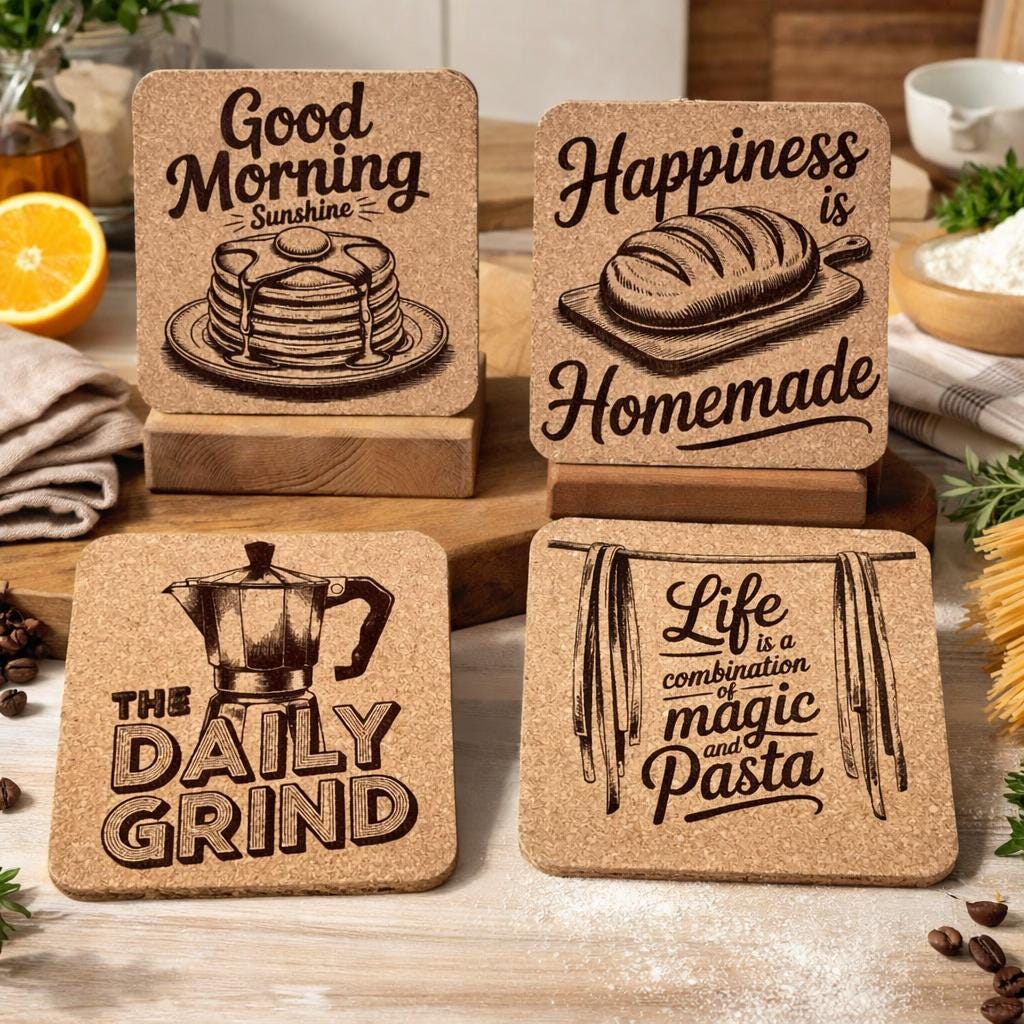 Farmhouse Breakfast Cork Coasters – Coffee & Kitchen Quotes Set
