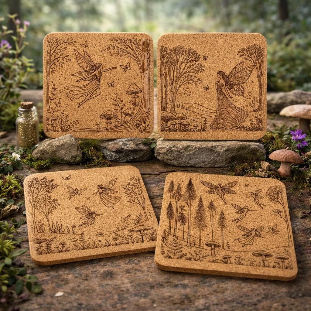 Forest Fairy Coaster Set of 4 Laser Engraved Cork