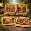 Laser Engraved Oregon Cork Coaster Set: PNW Rivers, Forests, Beavers