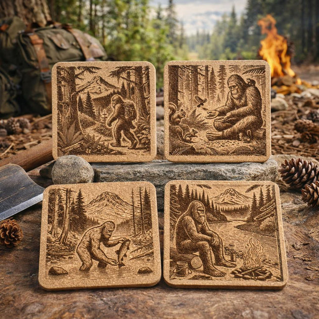 Bigfoot Pacific Northwest Camping & Hiking Cork Coaster Set