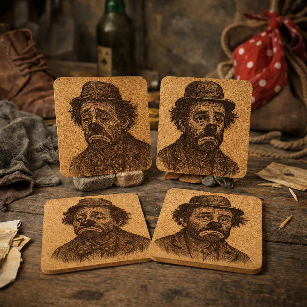 Vintage Hobo Clown Cork Coaster Set - Laser Engraved, Set of 4