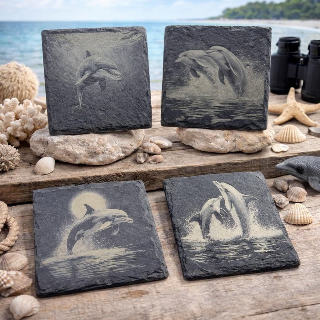 Dolphin Ocean Wildlife, Coastal Beach Decor, Set of 4 Laser Engraved Slate Coasters