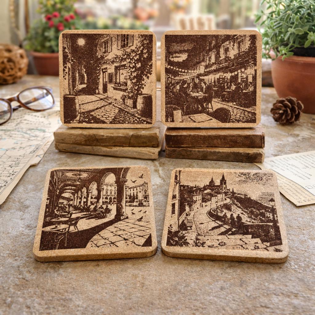 European Street Café Cork Coaster Set – Old World Travel Decor