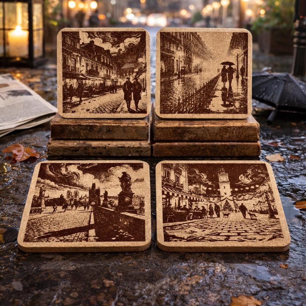 Romantic European Street Cork Coaster Set – Paris Night Scene Decor