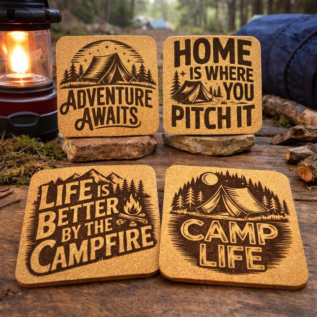 Camping Adventure Awaits Camp Life Laser Engraved Cork Coasters – Set of 4
