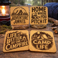 Camping Adventure Awaits Camp Life Laser Engraved Cork Coasters – Set of 4