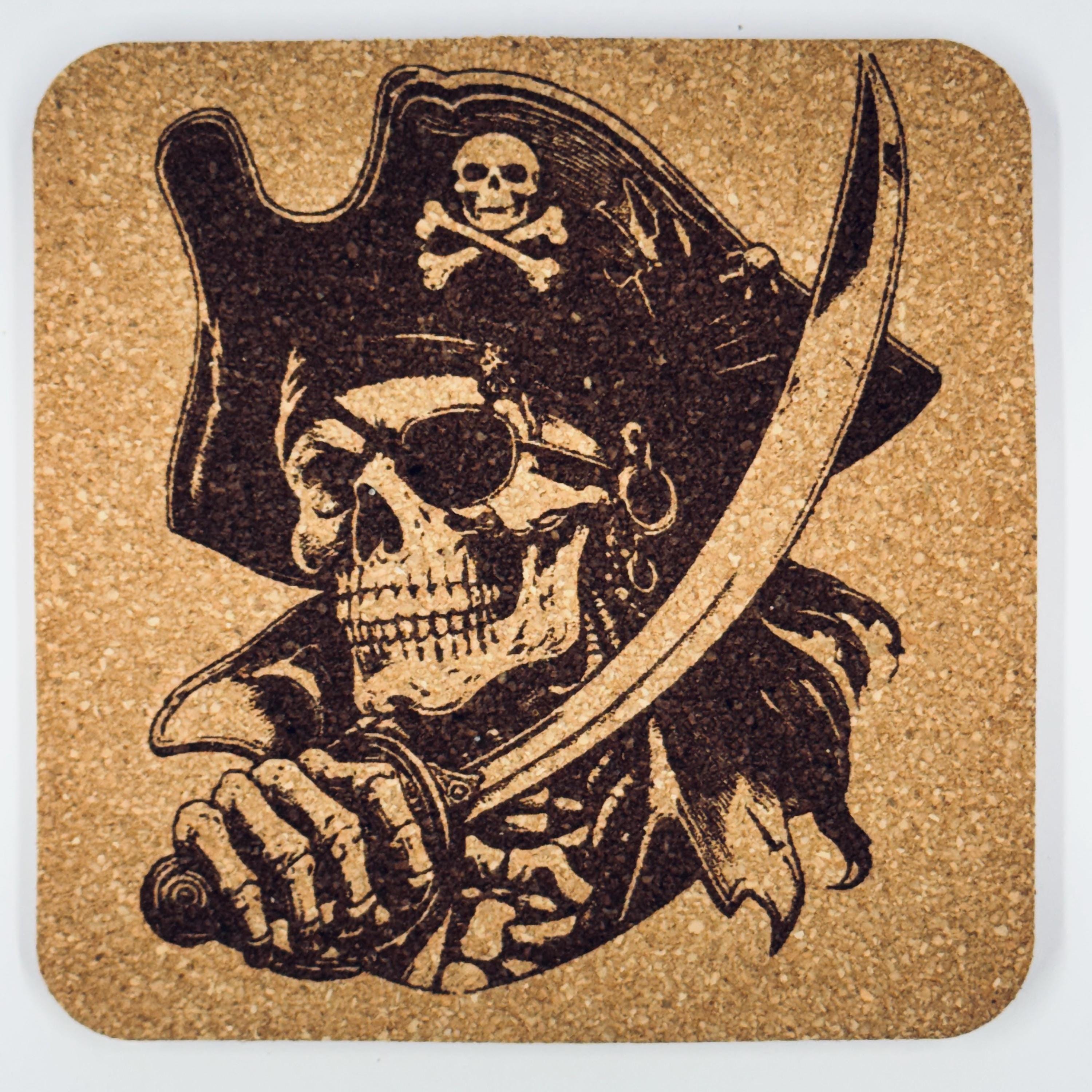 Pirate Skull Cork Coasters – Vintage Engraved Buccaneer Bar Decor