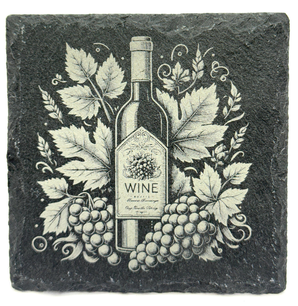 Elegant Wine Slate Coasters – Vintage Bottle & Grapevine Set