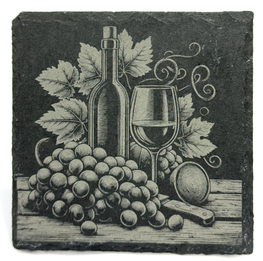 Elegant Wine Slate Coasters – Vintage Bottle & Grapevine Set