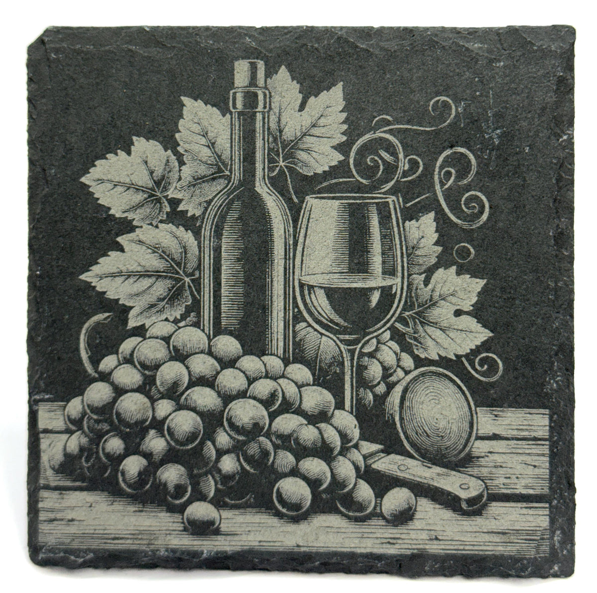 Elegant Wine Slate Coasters – Vintage Bottle & Grapevine Set