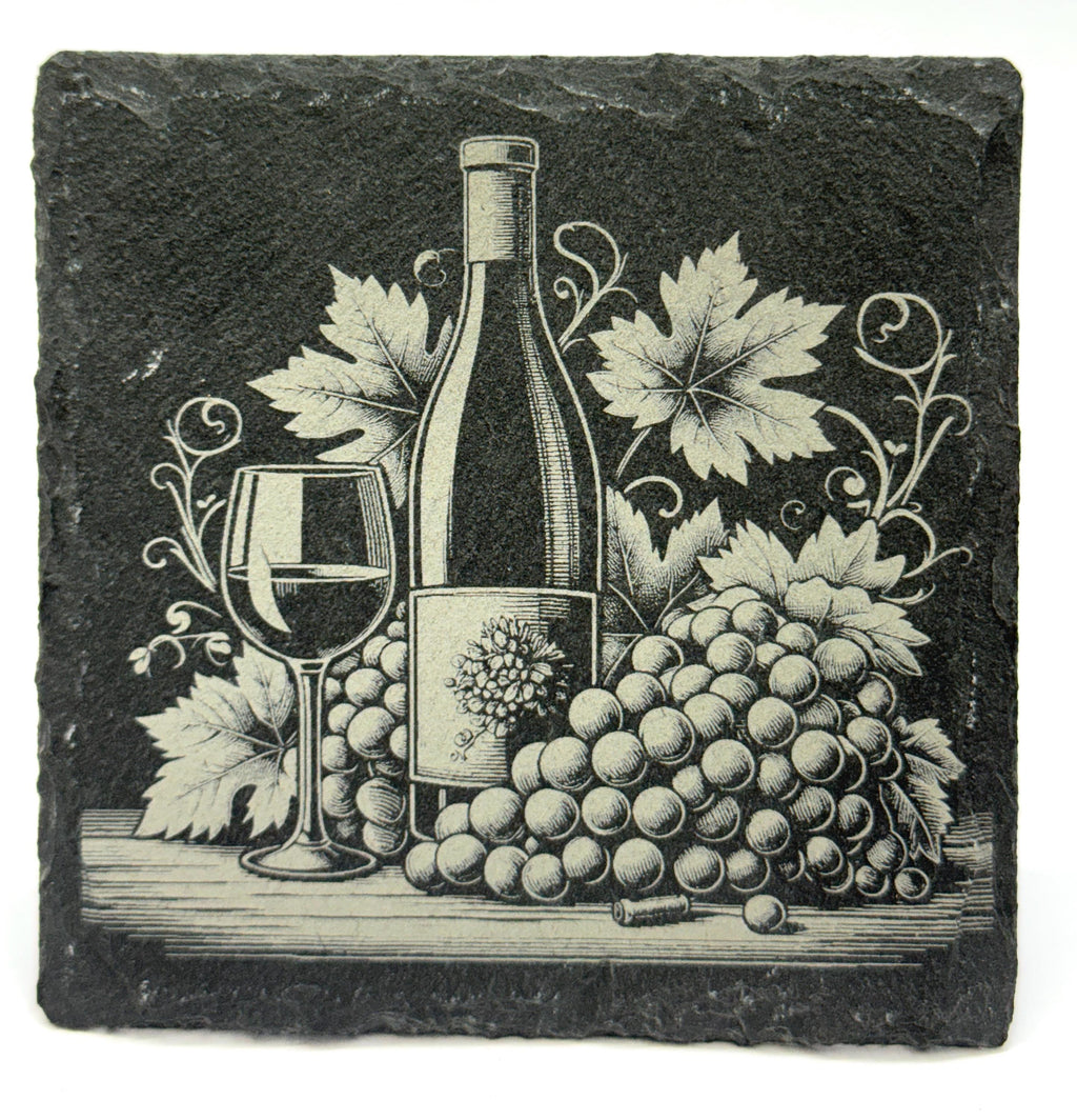 Elegant Wine Slate Coasters – Vintage Bottle & Grapevine Set