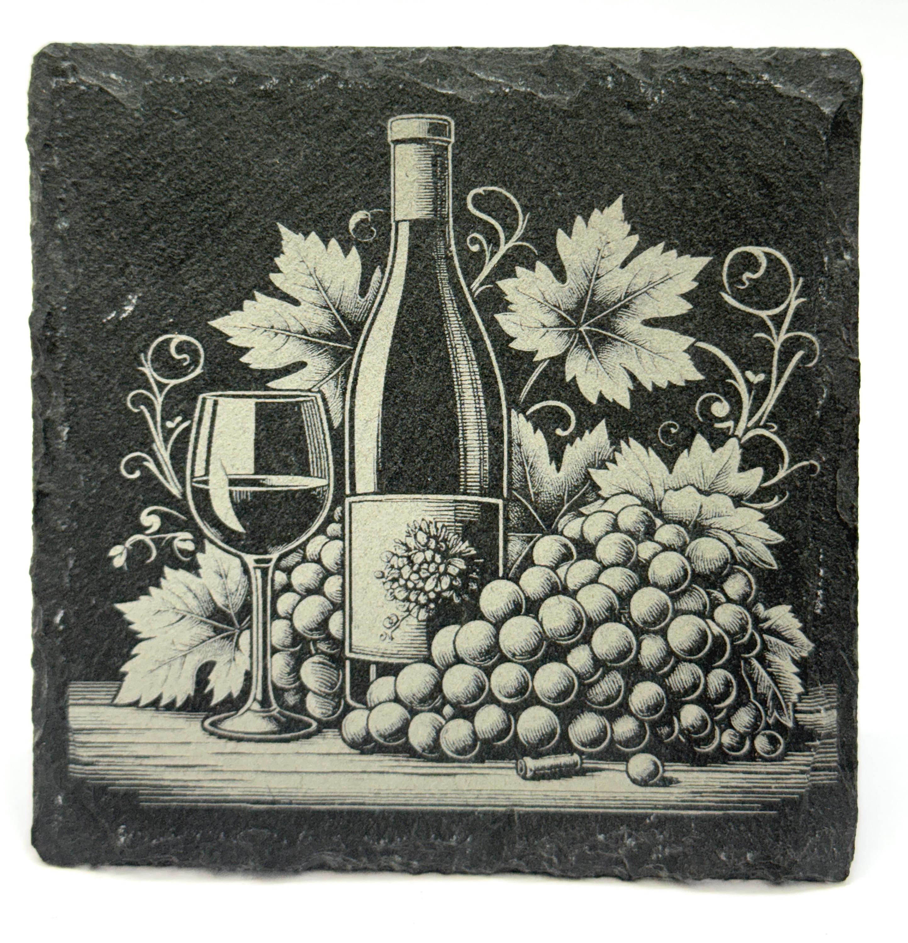 Elegant Wine Slate Coasters – Vintage Bottle & Grapevine Set
