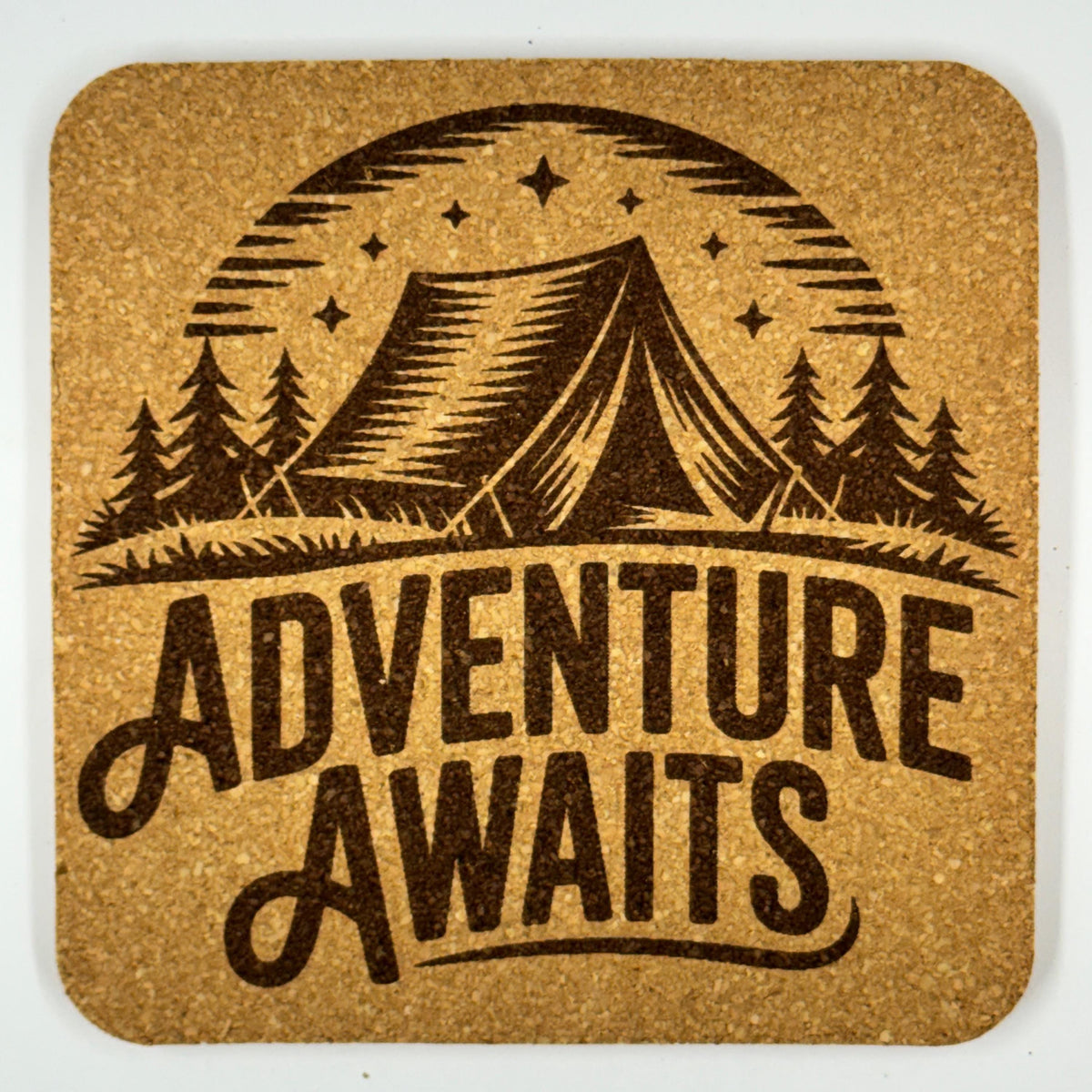 Camping Adventure Awaits Camp Life Laser Engraved Cork Coasters – Set of 4