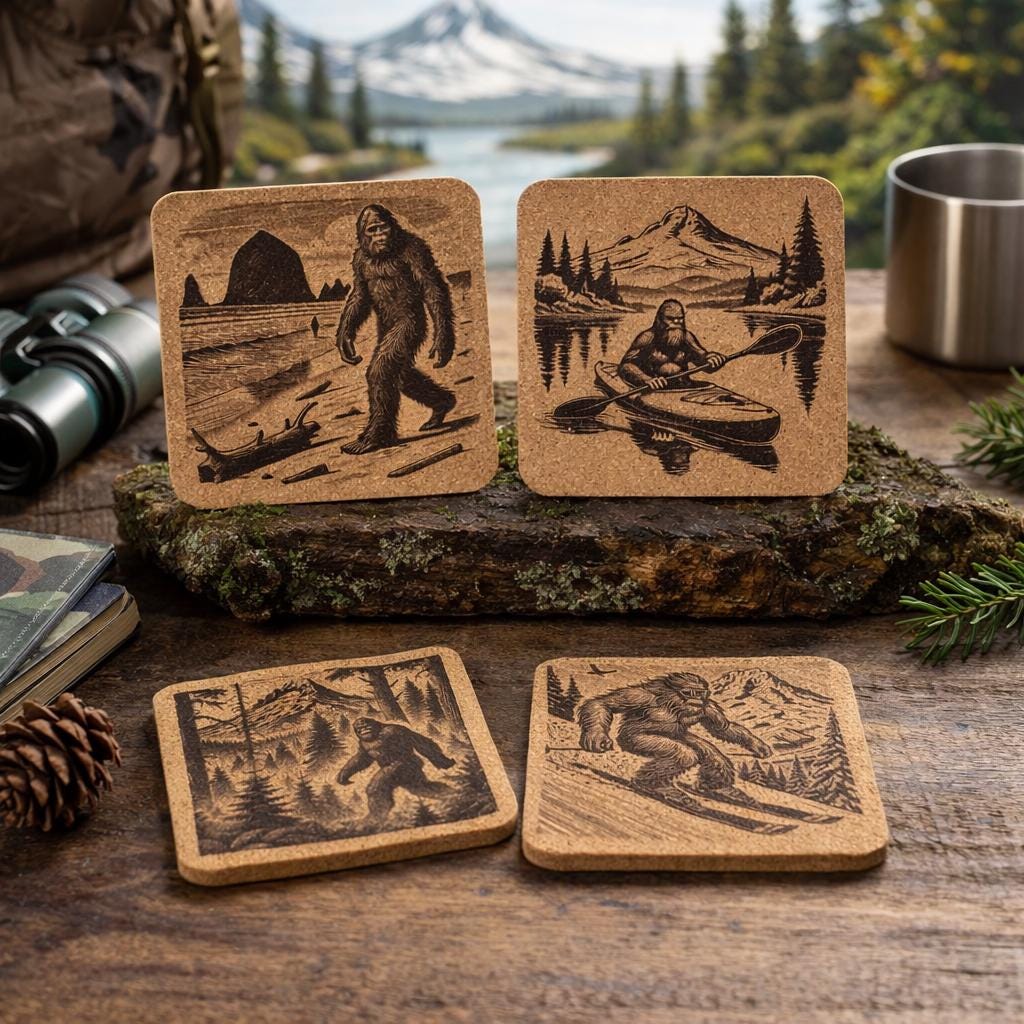 Explore the Pacific Northwest Outdoors with Bigfoot - Set of 4 Cork Coasters