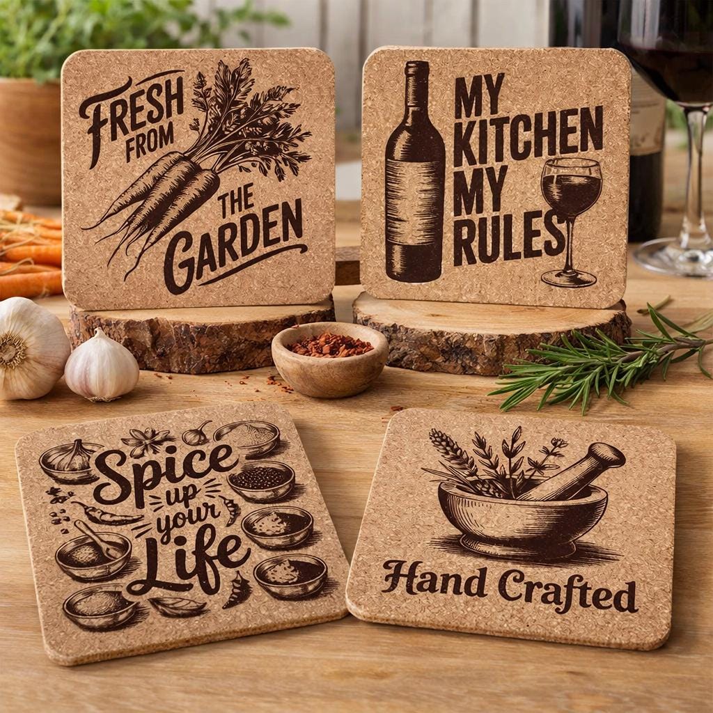 Farmhouse Kitchen Cork Coasters – Garden, Wine & Spice Set