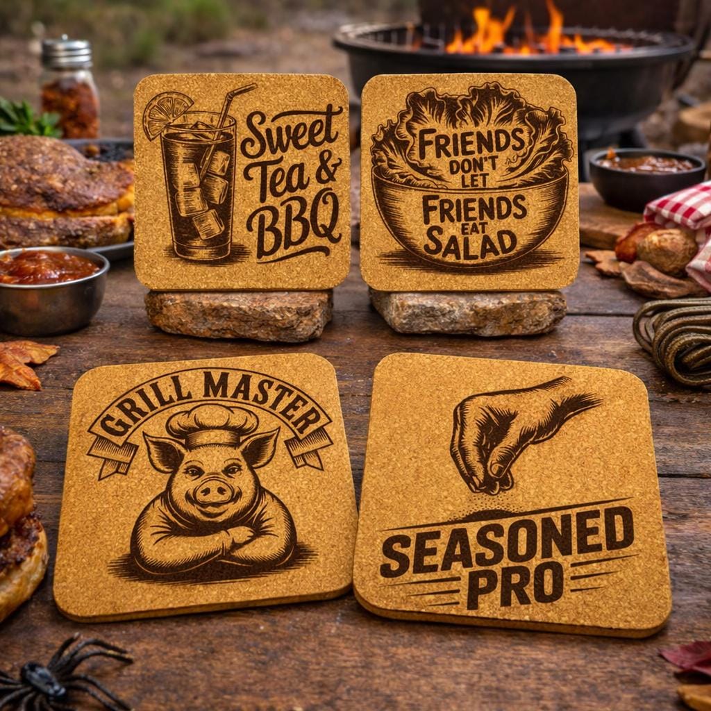 Funny BBQ Laser Engraved Cork Coasters – Grill Master & Sweet Tea Set