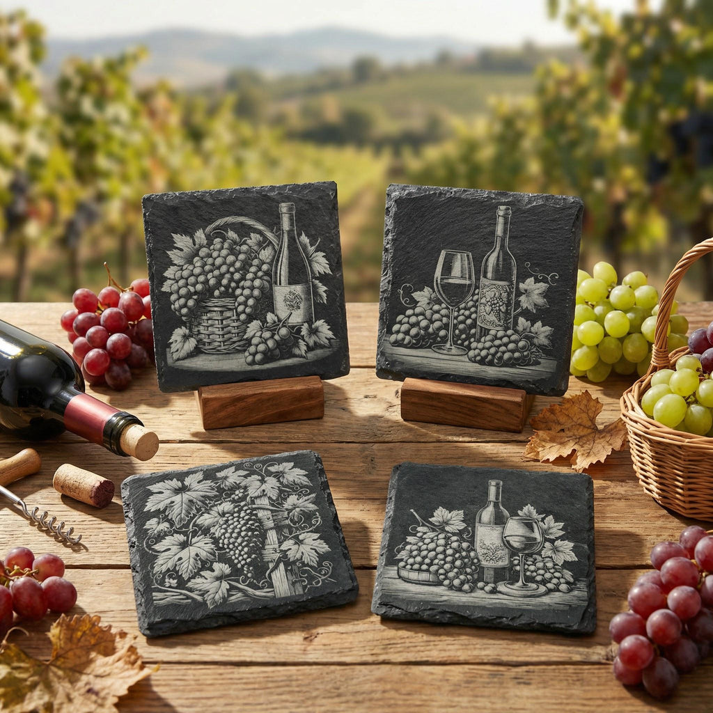 Wine & Grapes Slate Coasters – Rustic Vineyard Bottle Set