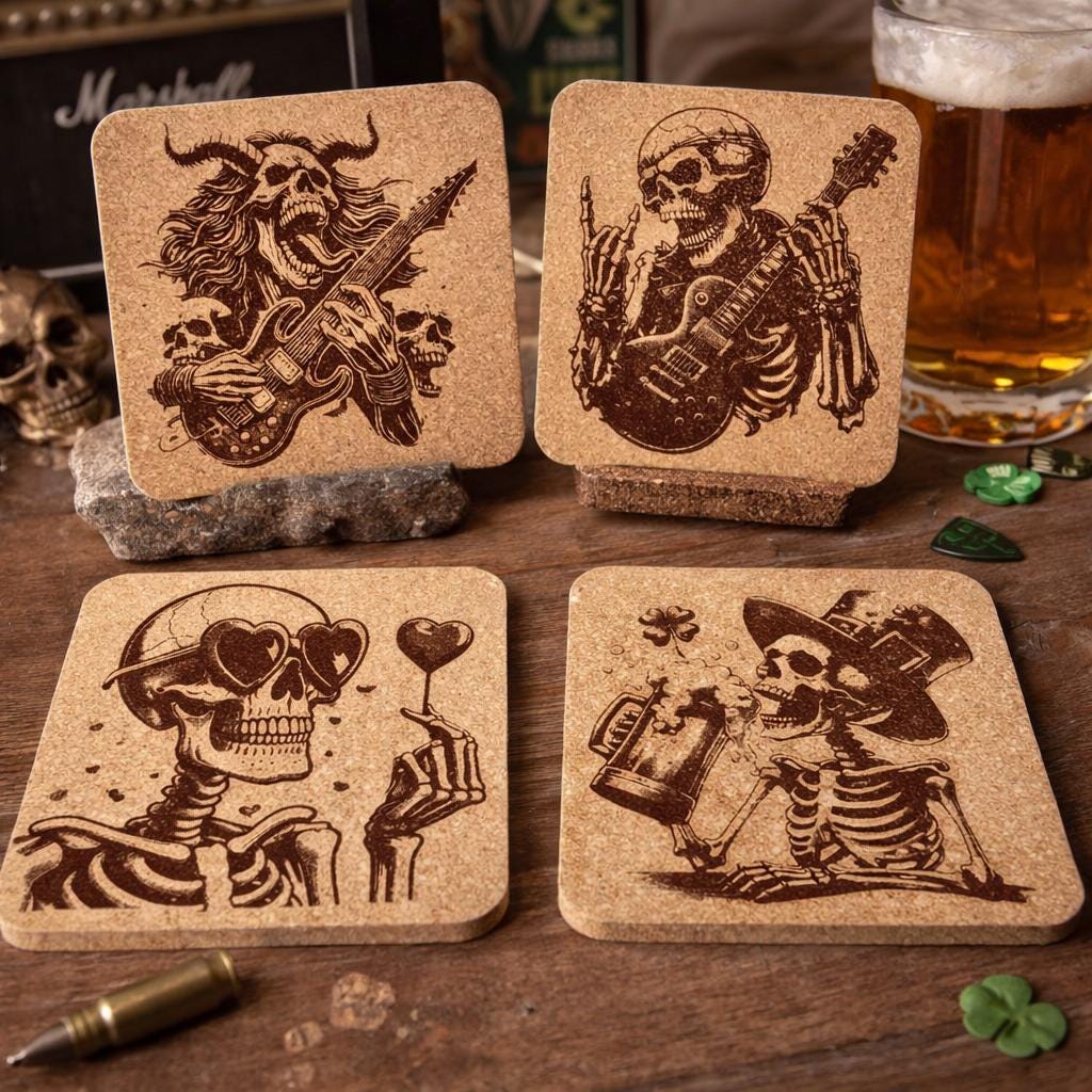 Rock & Roll Skeleton Cork Coasters – Gothic, Valentine and Irish Pub Set