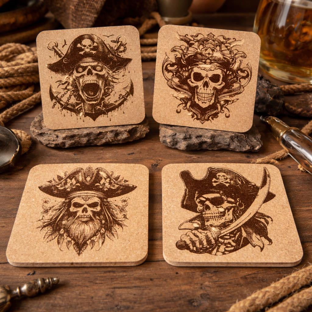 Pirate Skull Cork Coasters – Vintage Engraved Buccaneer Bar Decor