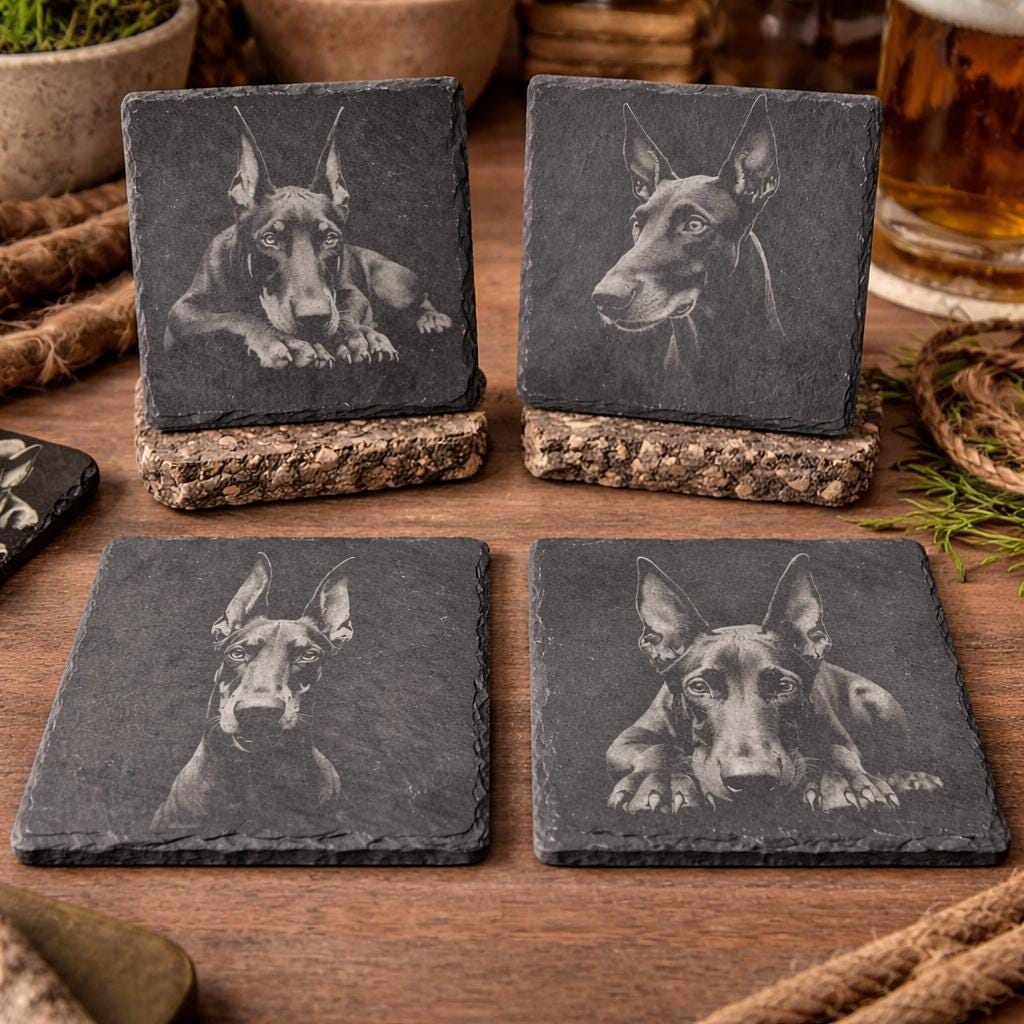 Doberman Slate Coaster Set – Sleek Guardian Dog Art (Set of 4)