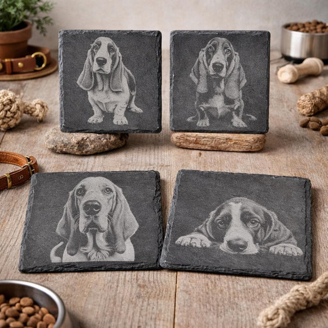Basset Hound Slate Coaster Set – Sad Eyes Dog Art Coasters (Set of 4)