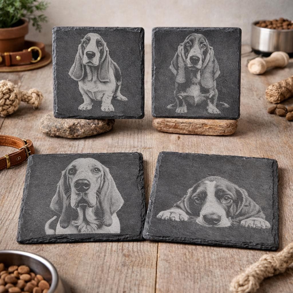 Basset Hound Slate Coaster Set – Sad Eyes Dog Art Coasters (Set of 4)