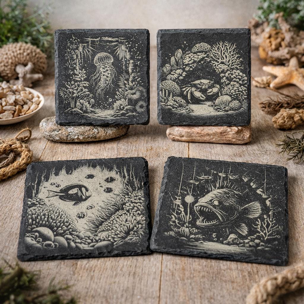 Deep Sea Wonders Slate Coaster Set – Ocean Reef Marine Art (Set of 4)
