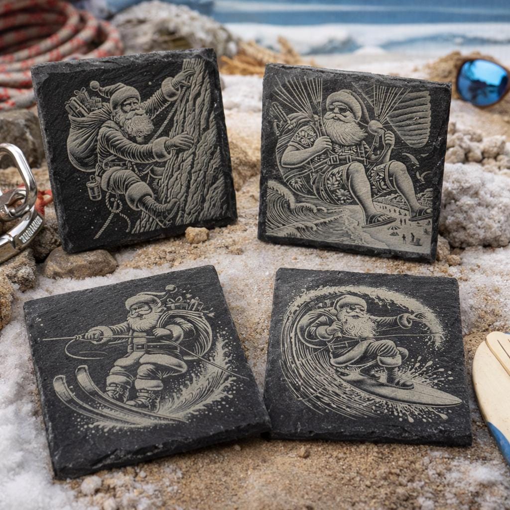 Engraved Santa Adventure Slate Coasters - Christmas Barware Gift (4-Pack)