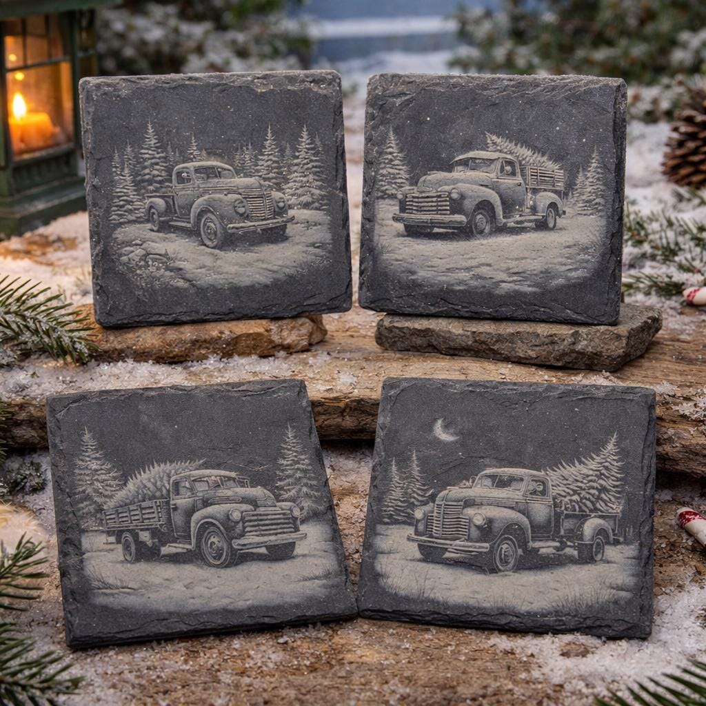 Christmas Truck Slate Coaster Set: Engraved Vintage Holiday Decor