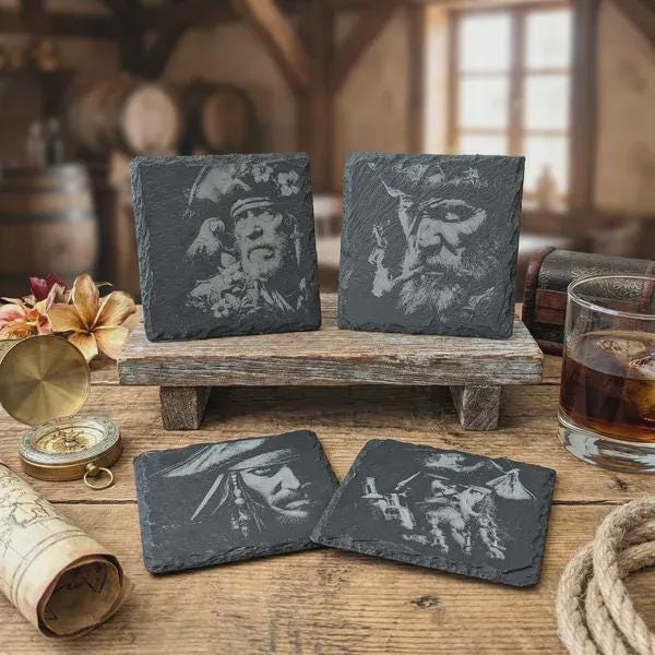 Legendary Pirate Slate Coasters – Rugged Sea Captain Portrait Set