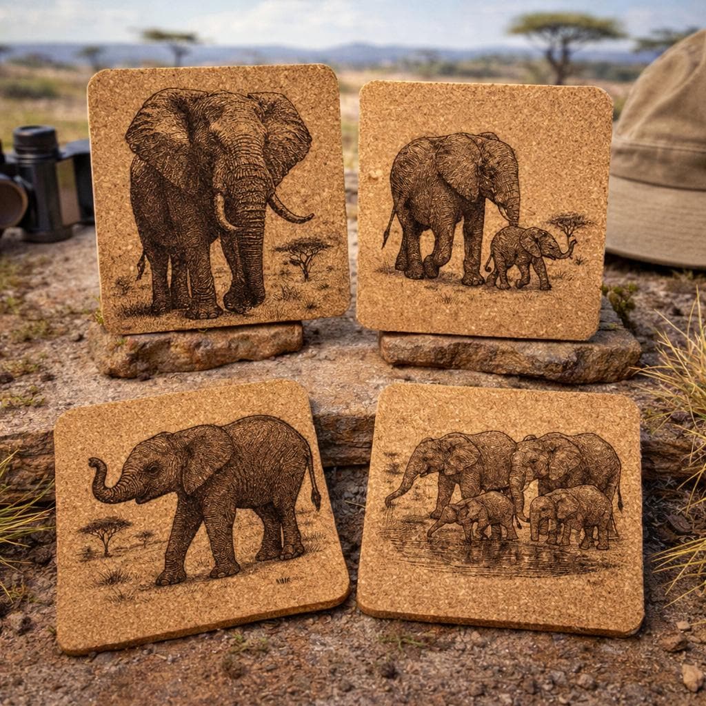 Engraved Elephant Cork Coaster Set: Rustic African Safari Decor
