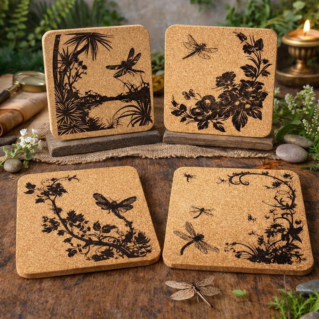 Dragonfly Cork Coaster Set – 4-Piece Nature Drinkware, Botanical Silhouette, Rustic Cottagecore Home Décor