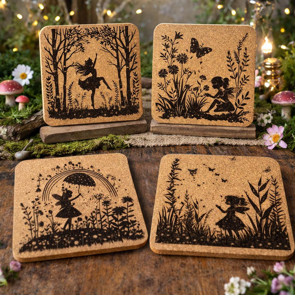 Fairy Garden Cork Coaster Set: Laser-Engraved Woodland Pixie Silhouette