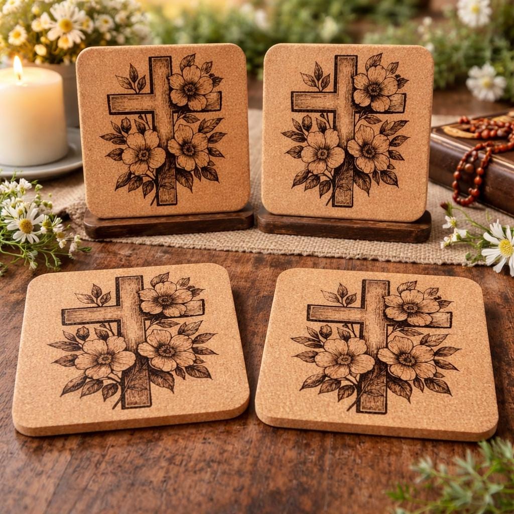 Cross with Flowers Engraved Cork Coasters – Christian Home Decor – Religious Gift – Set of 4