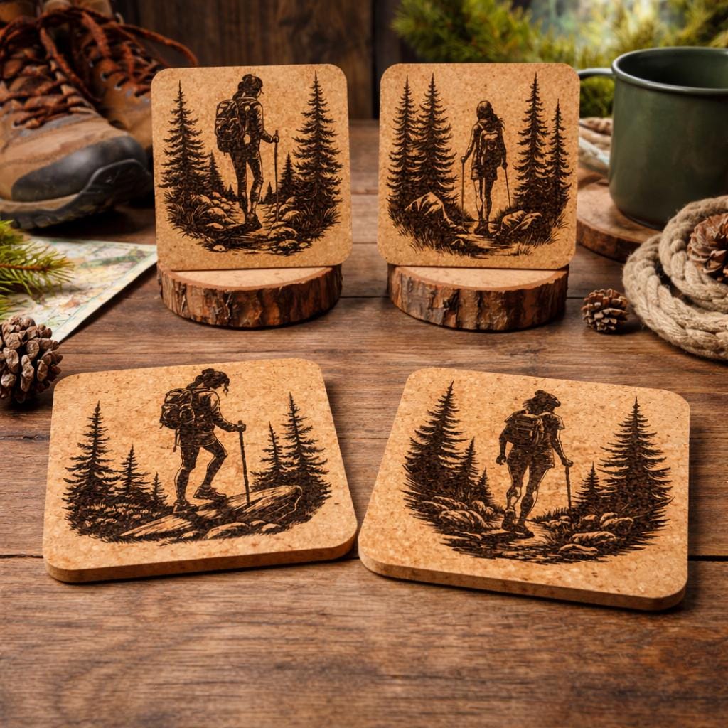 Woman Hiking Cork Coaster Set of 4 - Rustic Outdoor Adventure Decor