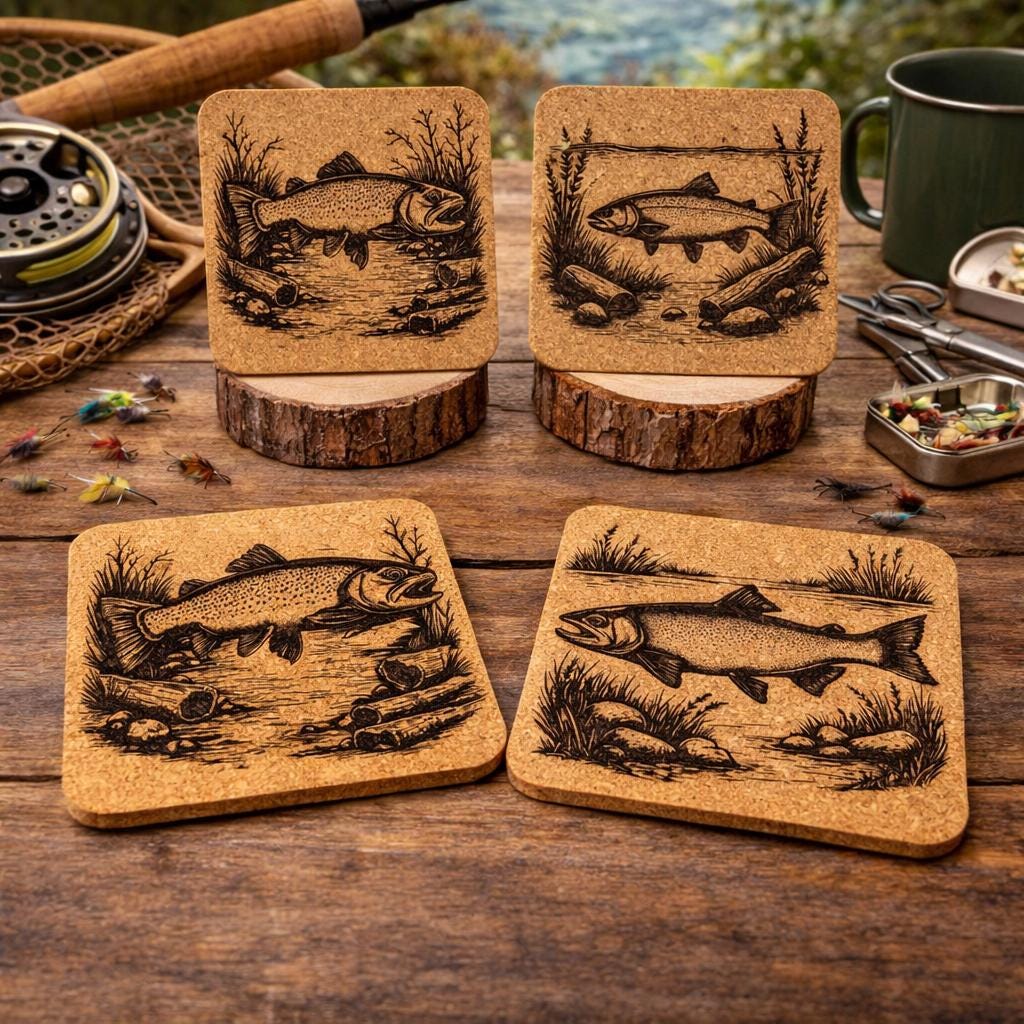 Wild Salmon Cork Coaster Set of 4 - Rustic Fishing Decor