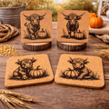 Highland Cow Cork Coaster Set of 4 – Engraved Autumn Pumpkins Rustic Farmhouse Drink Coasters