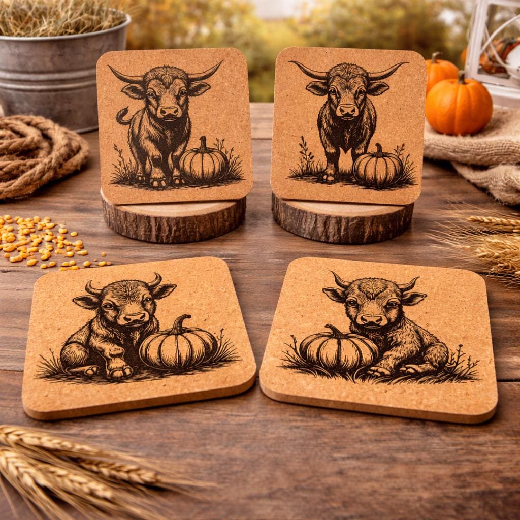 Highland Cow Cork Coaster Set of 4 – Engraved Autumn Pumpkins Rustic Farmhouse Drink Coasters