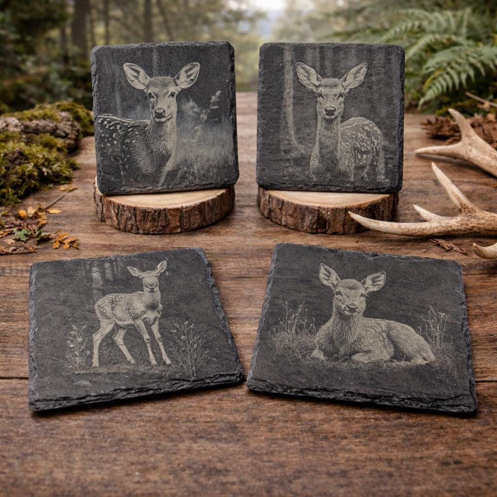 Fawn Baby Deer, Woodland Wildlife Gift, Set of 4 Laser Engraved Slate Coasters