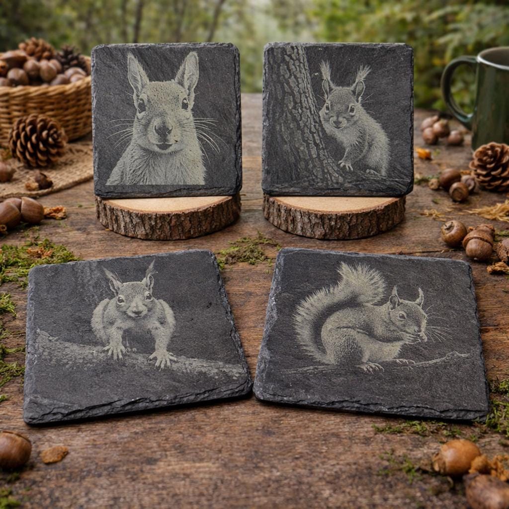 Squirrel Forest Wildlife, Rustic Cabin Decor, Set of 4 Laser Engraved Slate Coasters