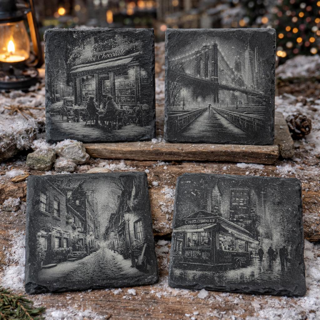 Urban Winter Nights – Engraved Slate Coaster Set of 4