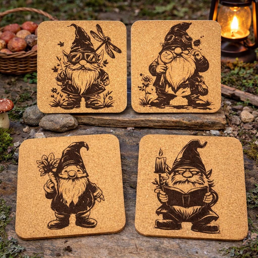 Gnome Coaster Set (4-Pack) – Whimsical Engraved Designs Inspired by Forest Folklore