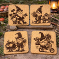 Garden Gnome Cork Coasters Set of 4 – Farming & Flower Cart Gnomes, Laser Engraved