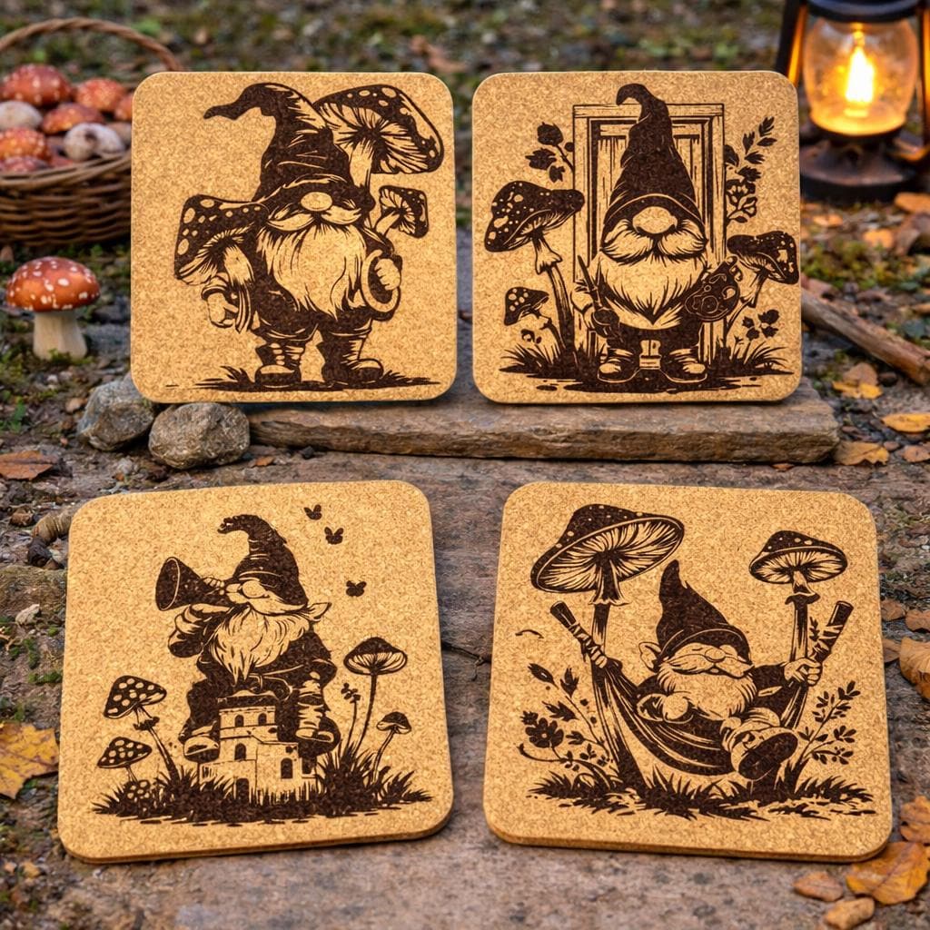 Whimsical Gnome Coaster Set (4-Pack) – Forest Gnomes with Mushrooms