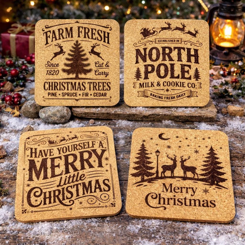 Rustic Christmas Coasters – Set of 4 – Farmhouse Holiday Cork Drink Coaster Set
