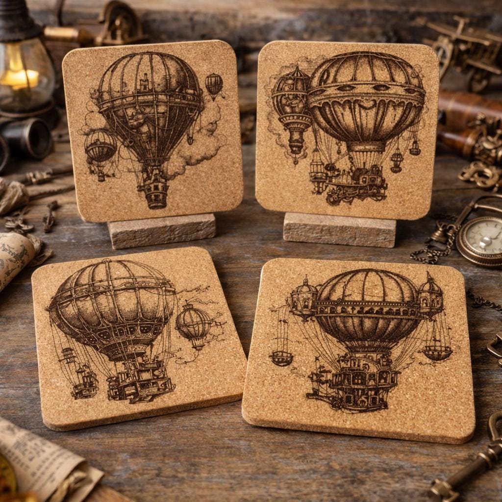Steampunk Airship Cork Coasters Set – Vintage Hot Air Balloon Art Drink Coasters – Steampunk Home Decor (4 Pack)
