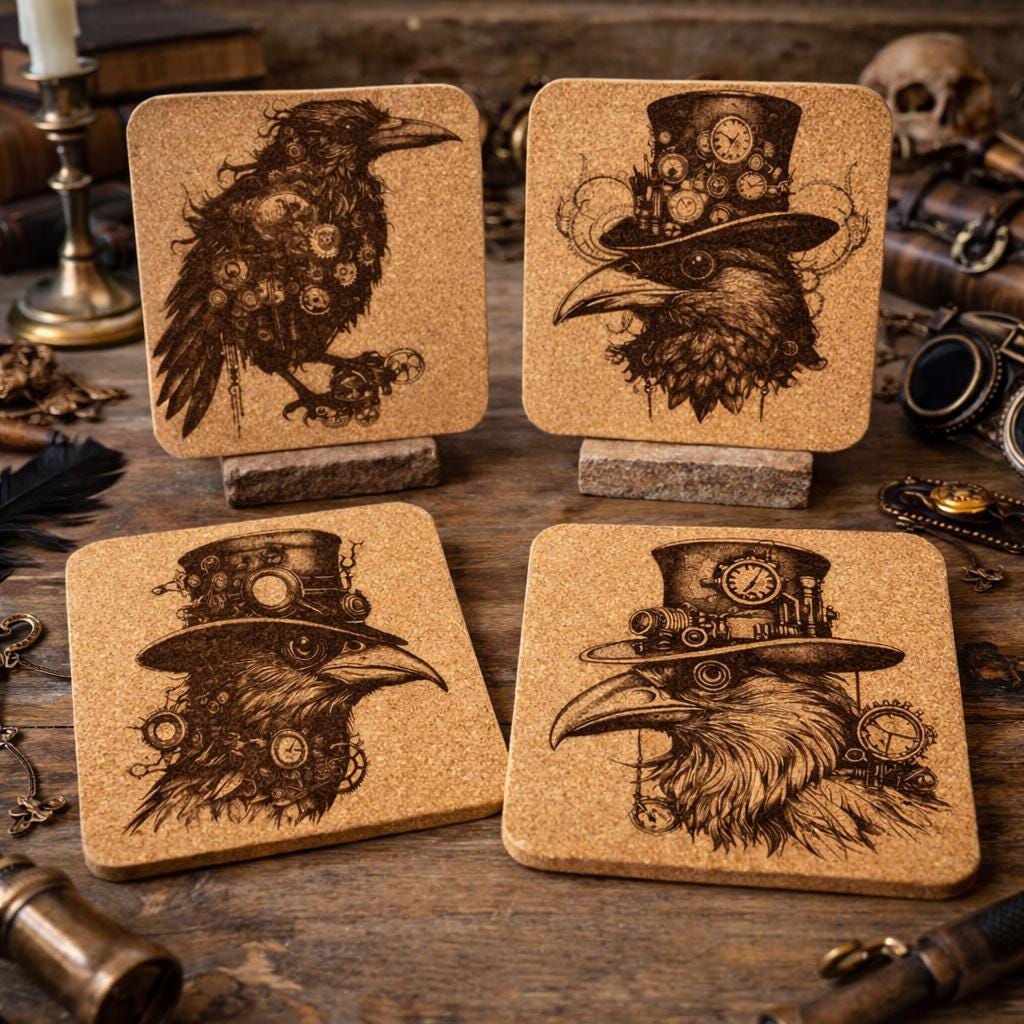 Steampunk Raven Cork Coasters Set – Gothic Mechanical Bird Art Drink Coasters – Steampunk Home Decor (4 Pack)